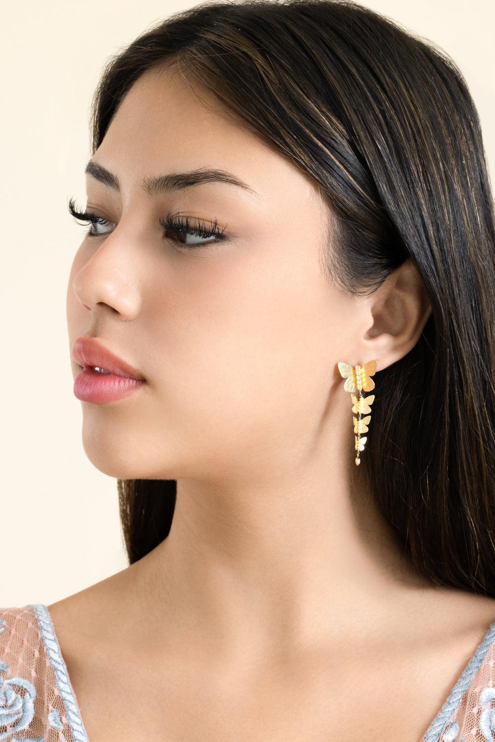 Diamond Four Cascading Butterfly Texture Earrings-YELLOW GOLD-JEWELRYFINE JEWELEARRING-TANYA FARAH