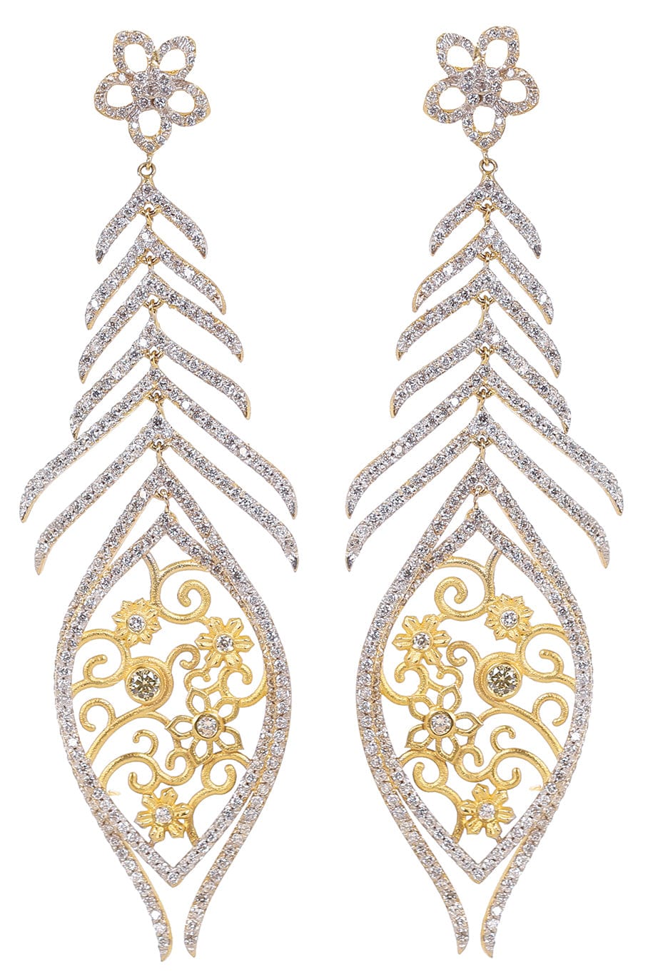 TANYA FARAH-Diamond Peacock Feather Earrings-YELLOW GOLD