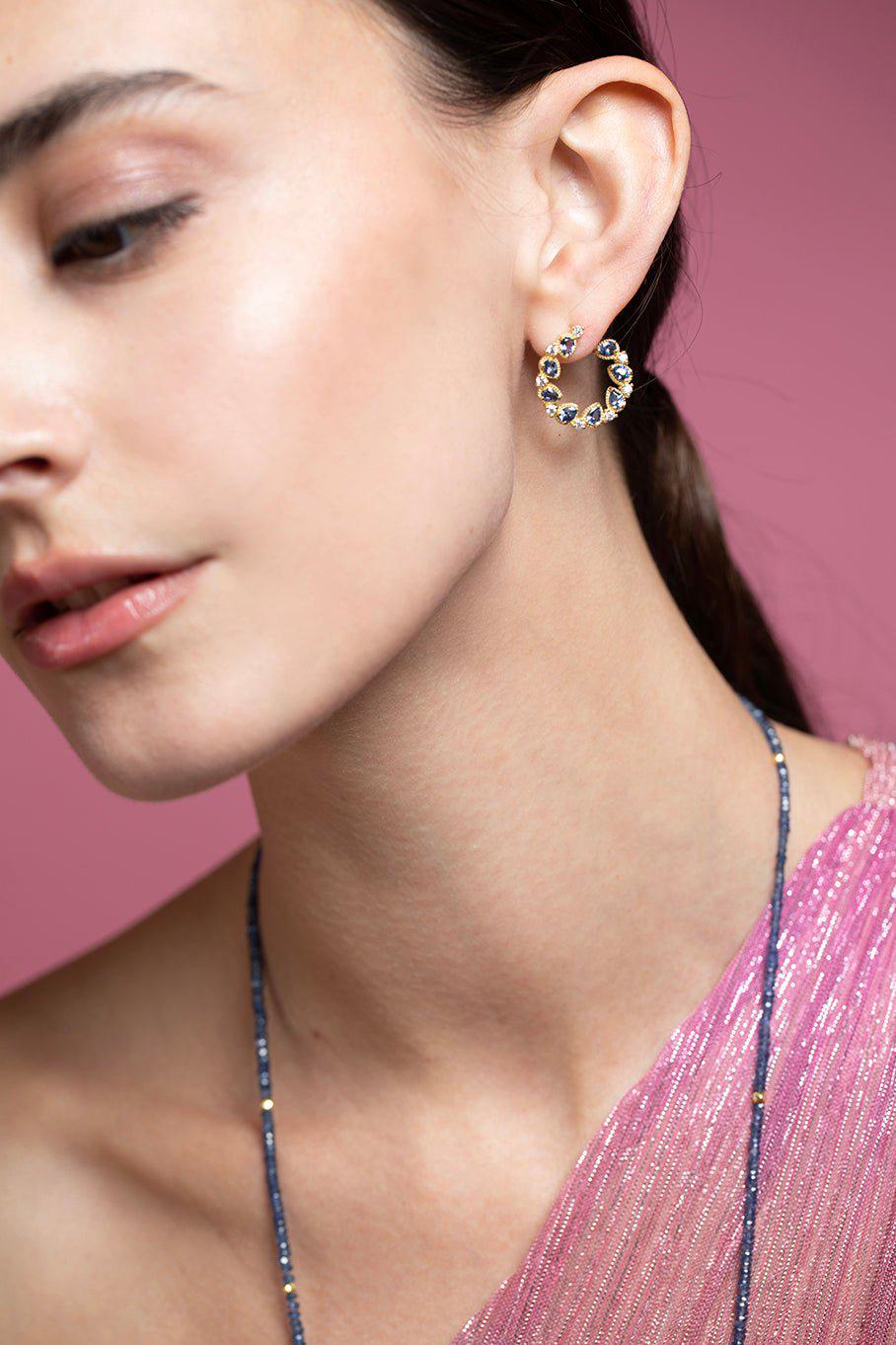 TANYA FARAH-Jasmine Bloom Ceylon Sapphire & Diamond Bypass Hoop Earrings-YELLOW GOLD