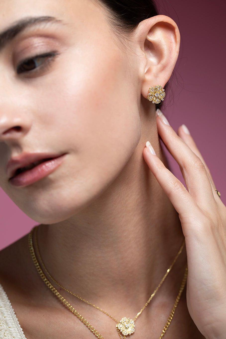 TANYA FARAH-Jasmine Bloom Diamond Flower Stud Earrings-YELLOW GOLD