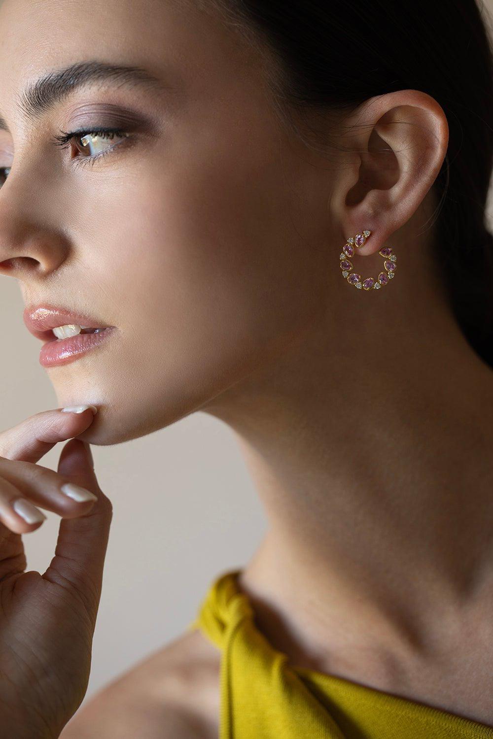 TANYA FARAH-Jasmine Bloom Pink Sapphire & Diamond Bypass Hoop Earrings-YELLOW GOLD