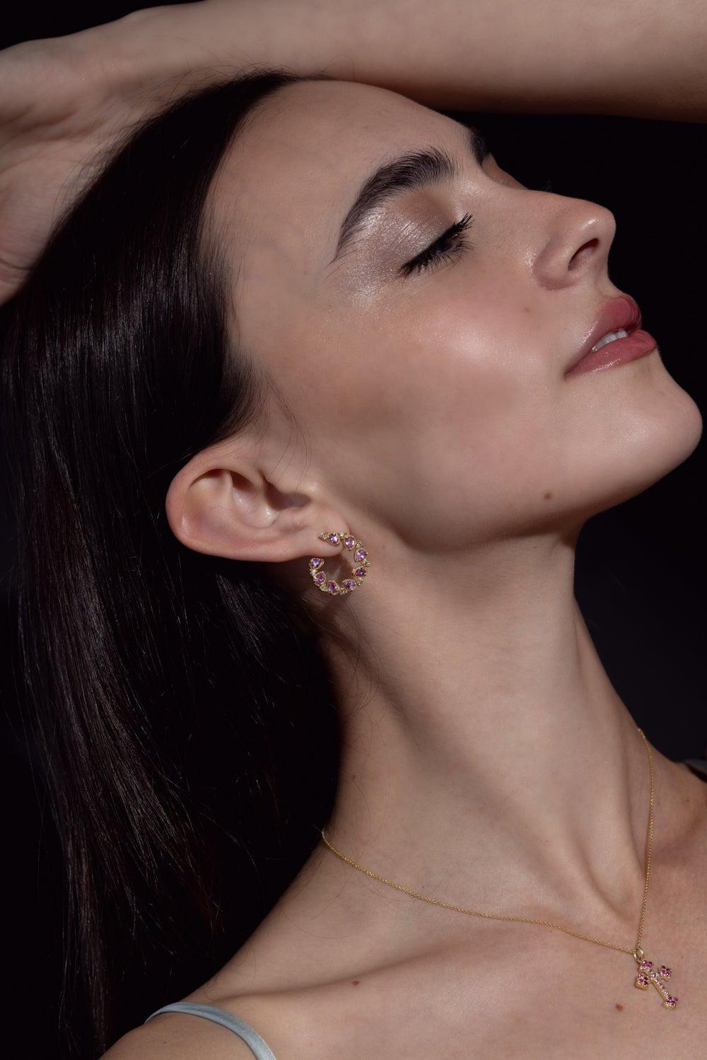TANYA FARAH-Jasmine Bloom Pink Sapphire & Diamond Bypass Hoop Earrings-YELLOW GOLD