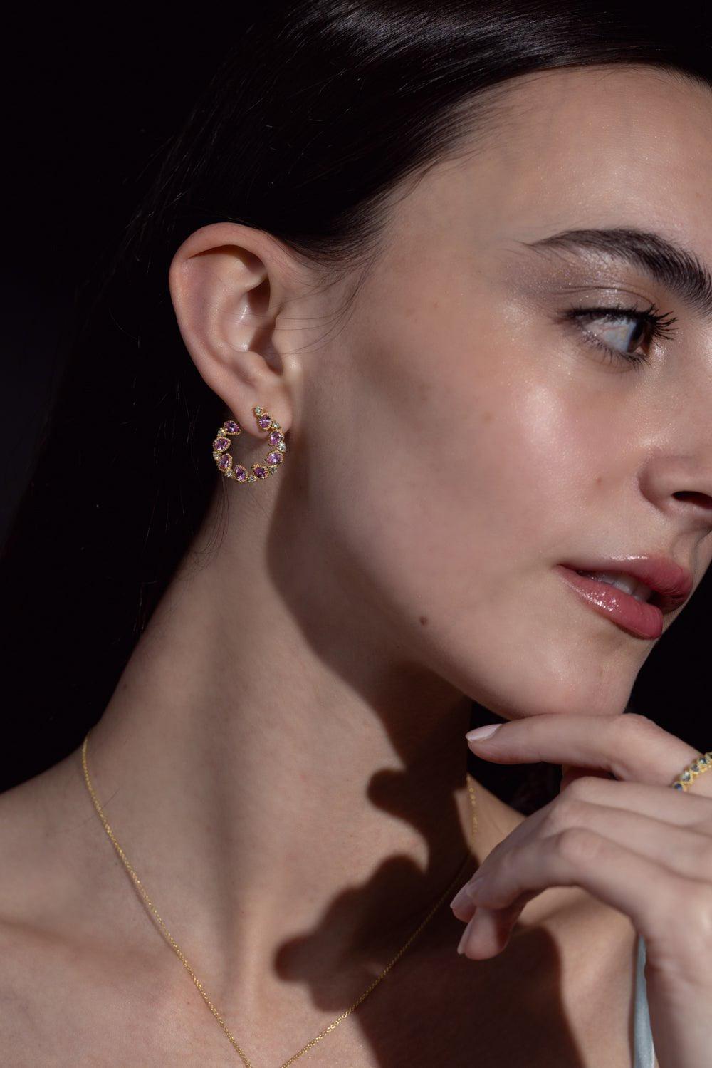 TANYA FARAH-Jasmine Bloom Pink Sapphire & Diamond Bypass Hoop Earrings-YELLOW GOLD