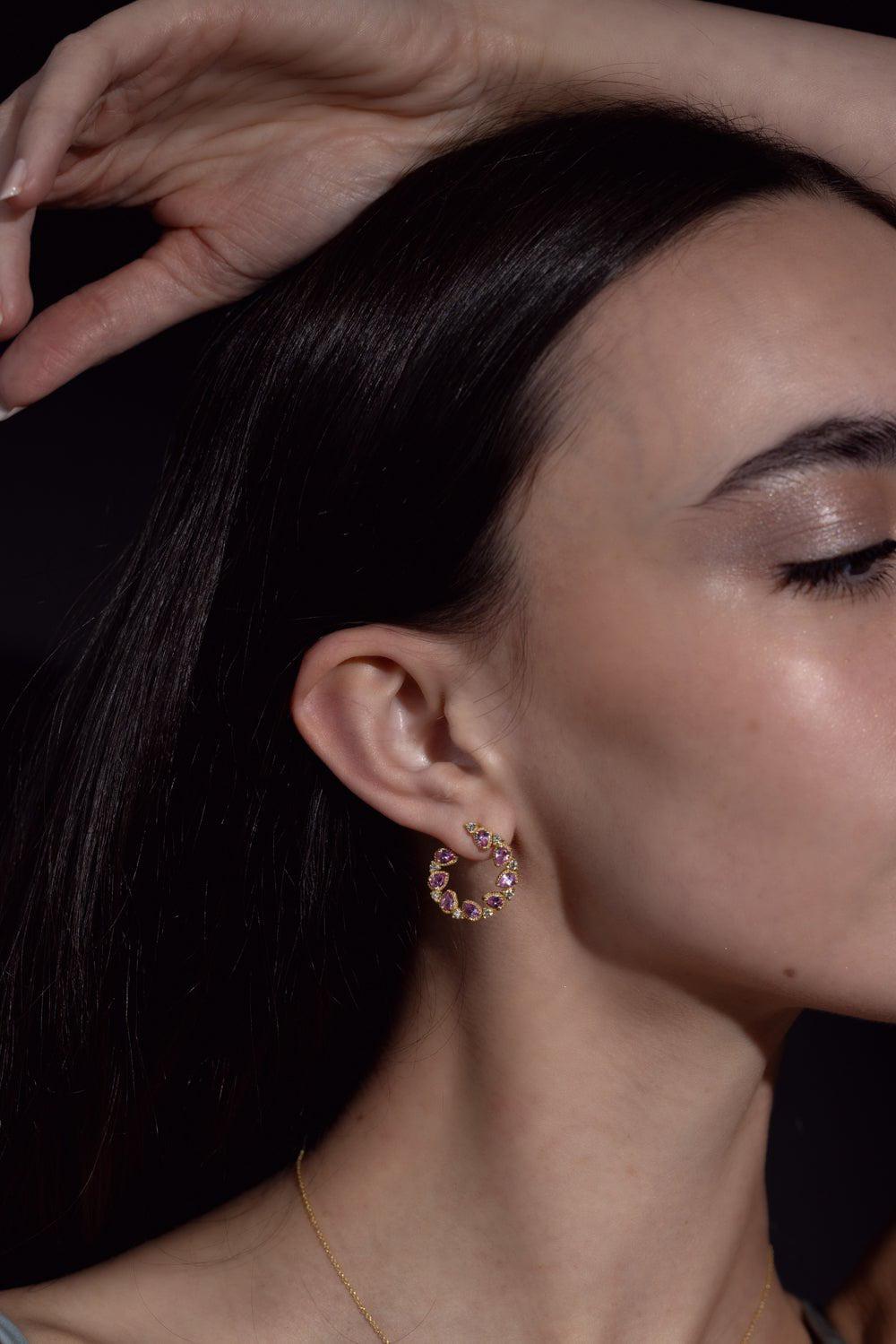 TANYA FARAH-Jasmine Bloom Pink Sapphire & Diamond Bypass Hoop Earrings-YELLOW GOLD