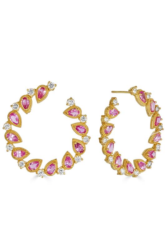 TANYA FARAH-Jasmine Bloom Pink Sapphire & Diamond Bypass Hoop Earrings-YELLOW GOLD