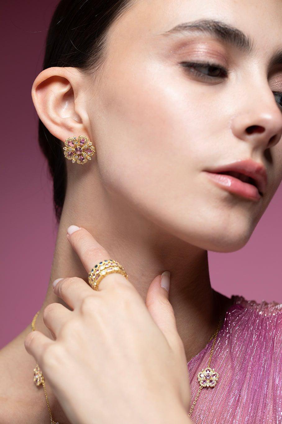 TANYA FARAH-Jasmine Bloom Pink Sapphire & Diamond Flower Stud Earrings-YELLOW GOLD