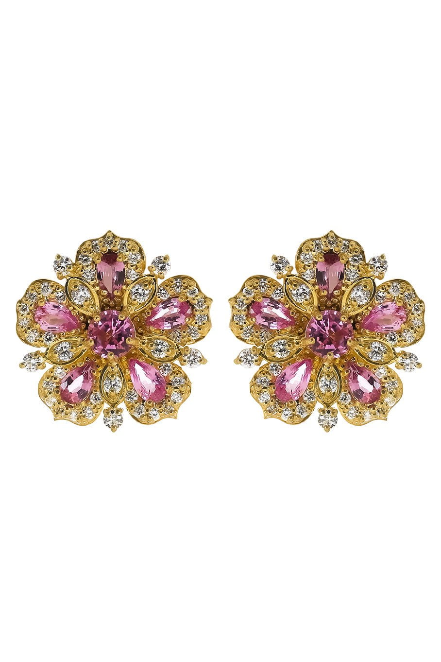TANYA FARAH-Jasmine Bloom Pink Sapphire & Diamond Flower Stud Earrings-YELLOW GOLD