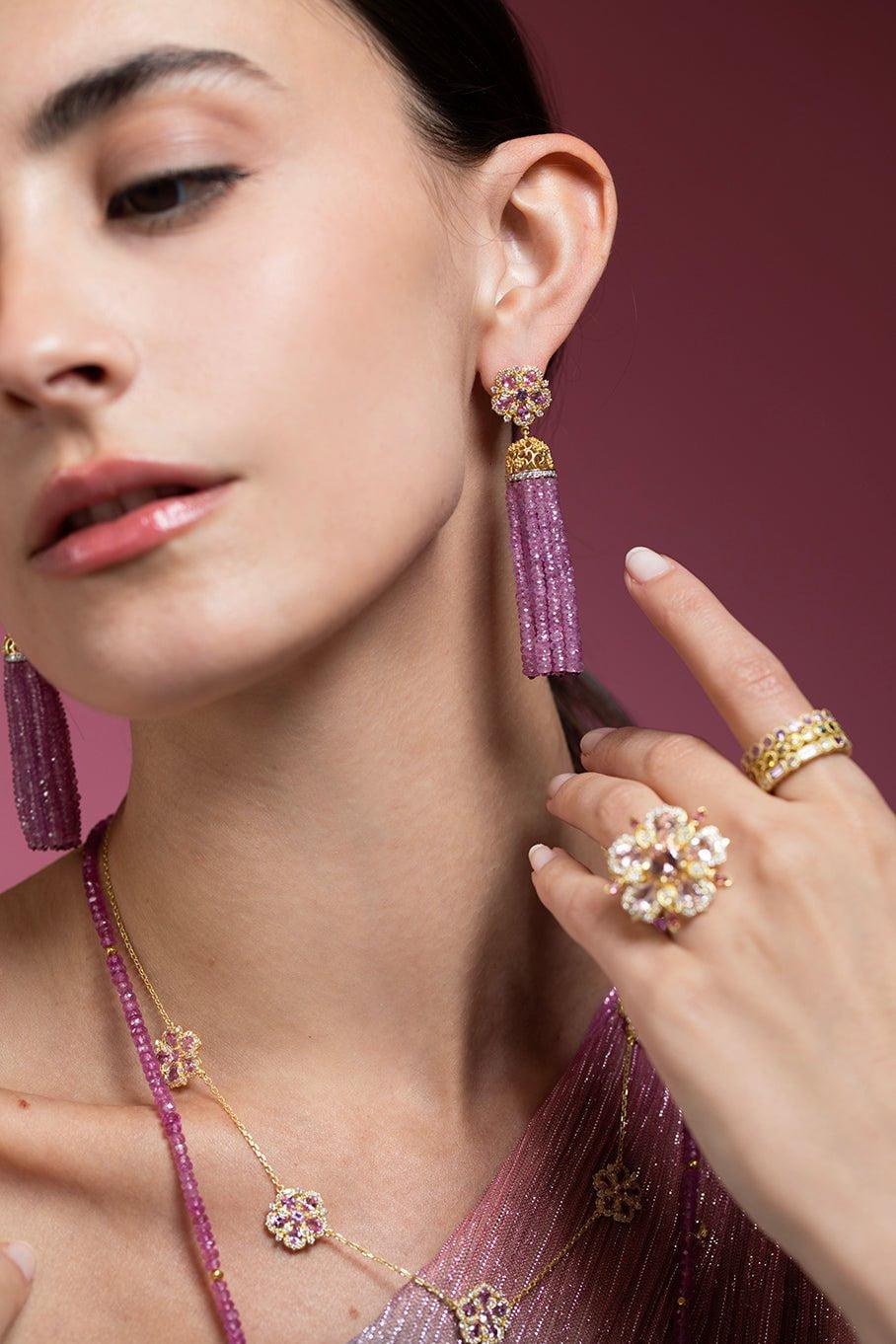 TANYA FARAH-Jasmine Bloom Pink Sapphire & Diamond Tassel Earrings-YELLOW GOLD