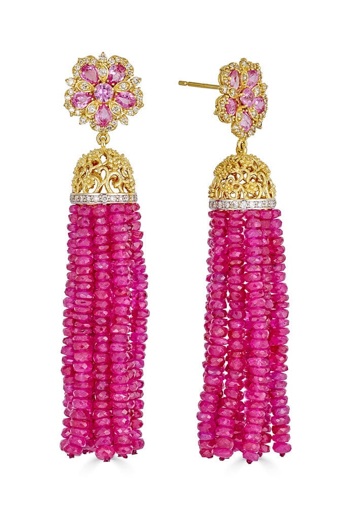 TANYA FARAH-Jasmine Bloom Pink Sapphire & Diamond Tassel Earrings-YELLOW GOLD
