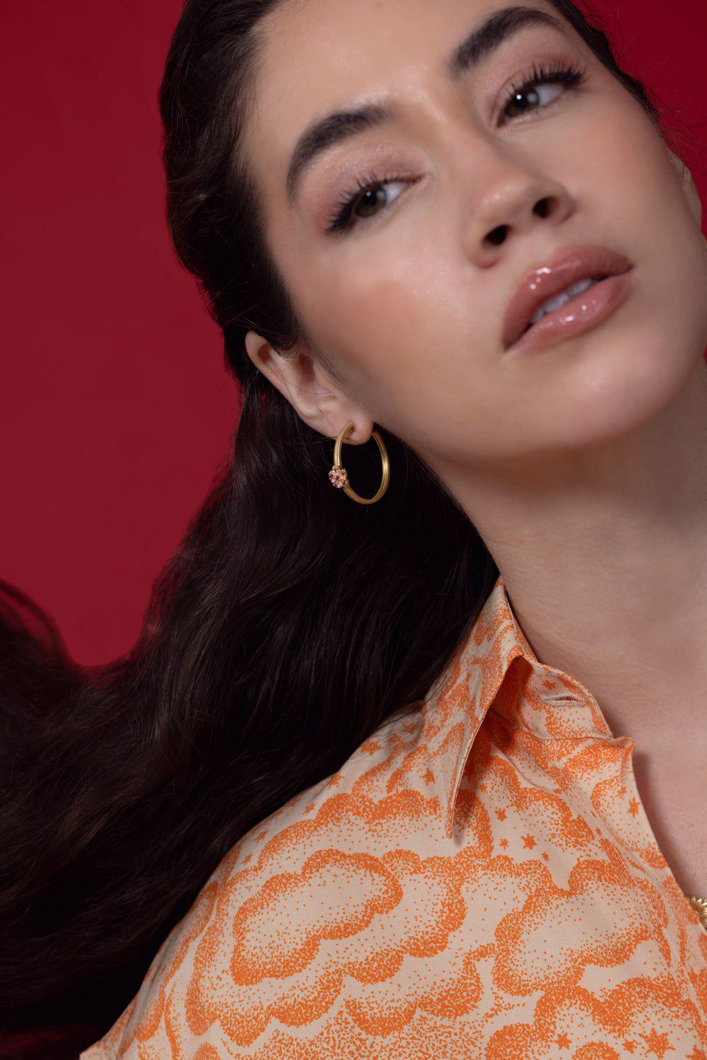 TANYA FARAH-Jasmine Bloom Pink Sapphire Hoop Earrings-YELLOW GOLD