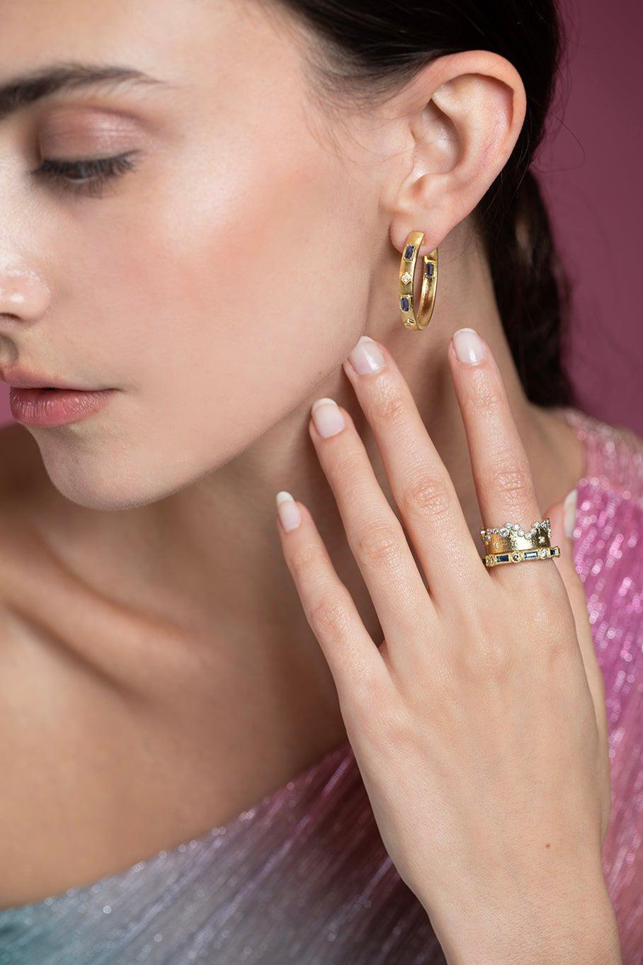 TANYA FARAH-Modern Etruscan Blue Sapphire Baguette & White Diamond Hoop Earrings-YELLOW GOLD