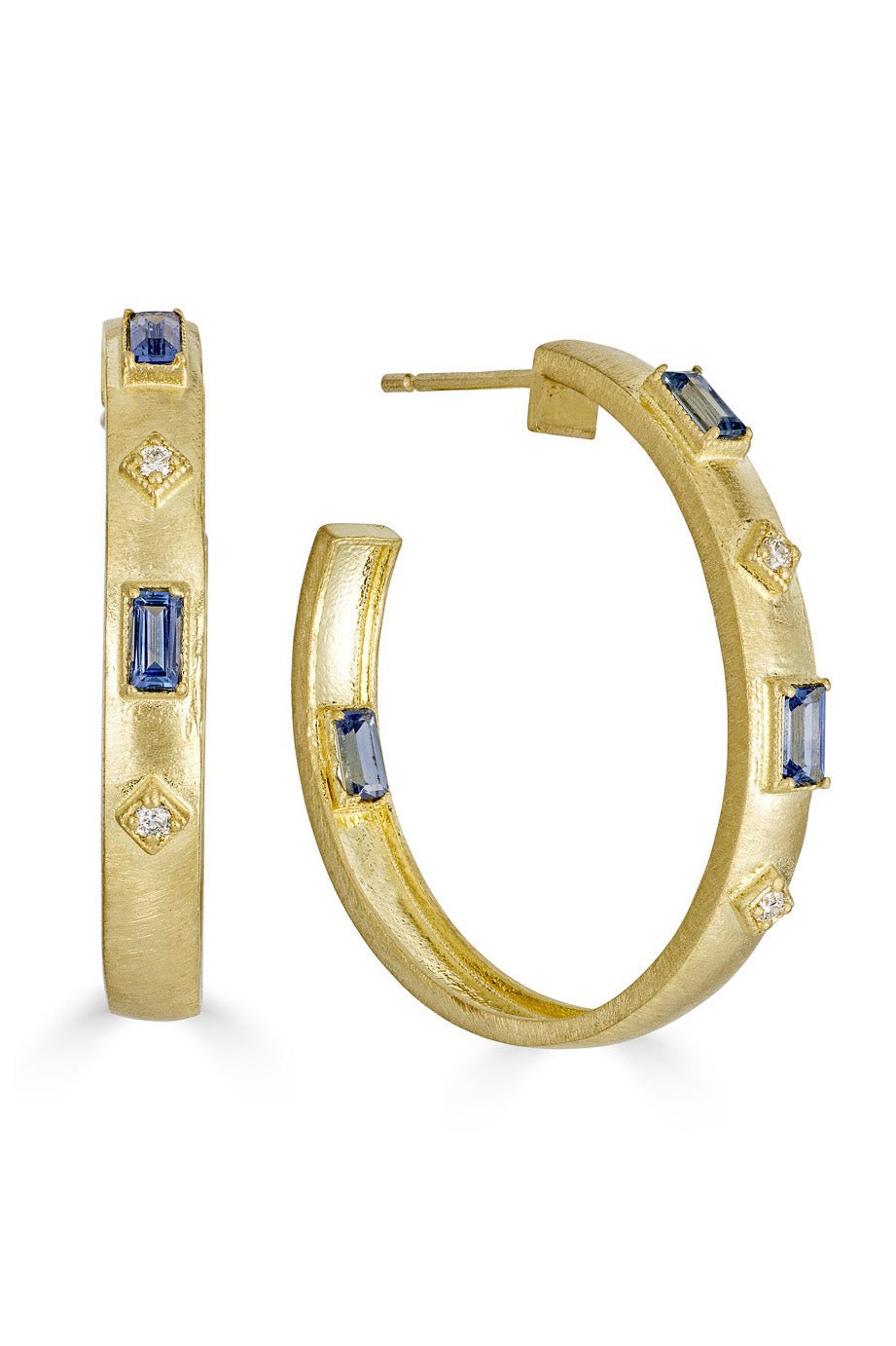 TANYA FARAH-Modern Etruscan Blue Sapphire Baguette & White Diamond Hoop Earrings-YELLOW GOLD
