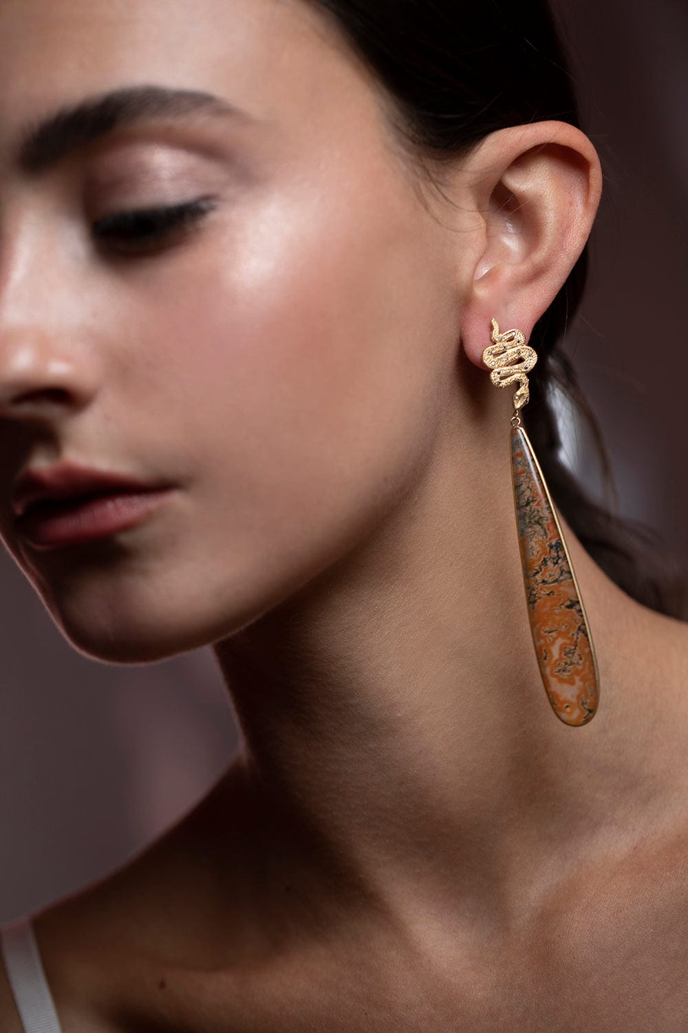 TANYA FARAH-Orange Agate Snake Teardrop Earrings-YELLOW GOLD