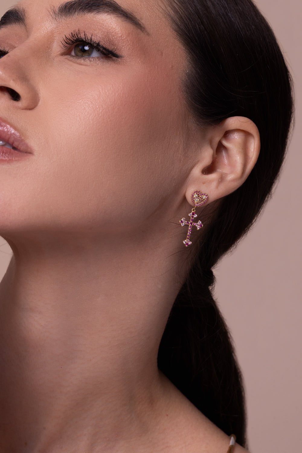 TANYA FARAH-Pink Sapphire Cross Earrings-YELLOW GOLD