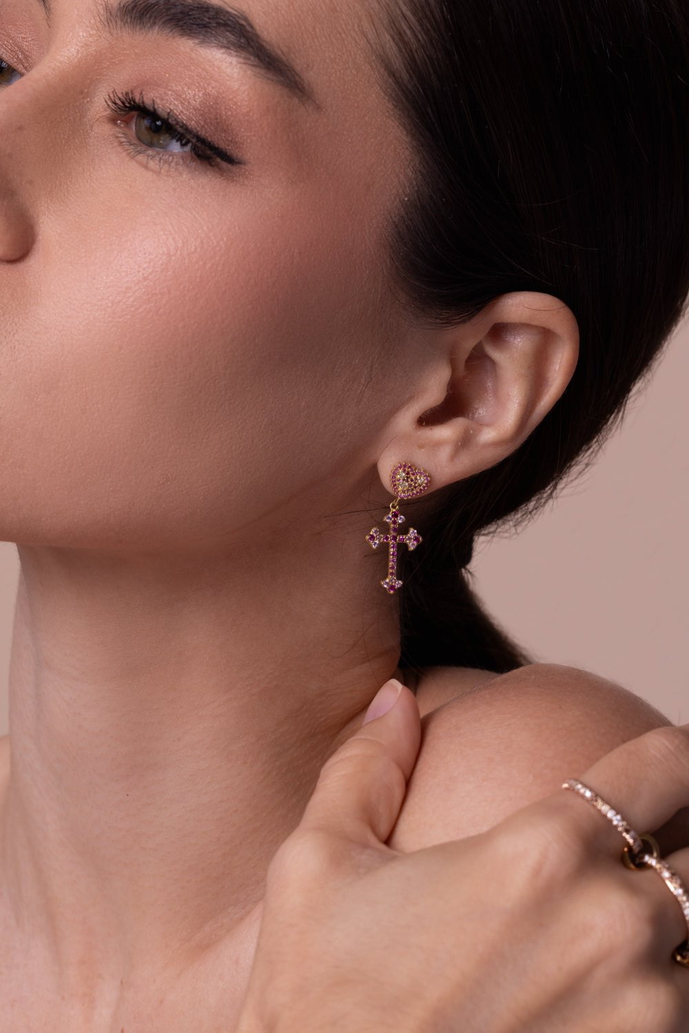 TANYA FARAH-Pink Sapphire Cross Earrings-YELLOW GOLD