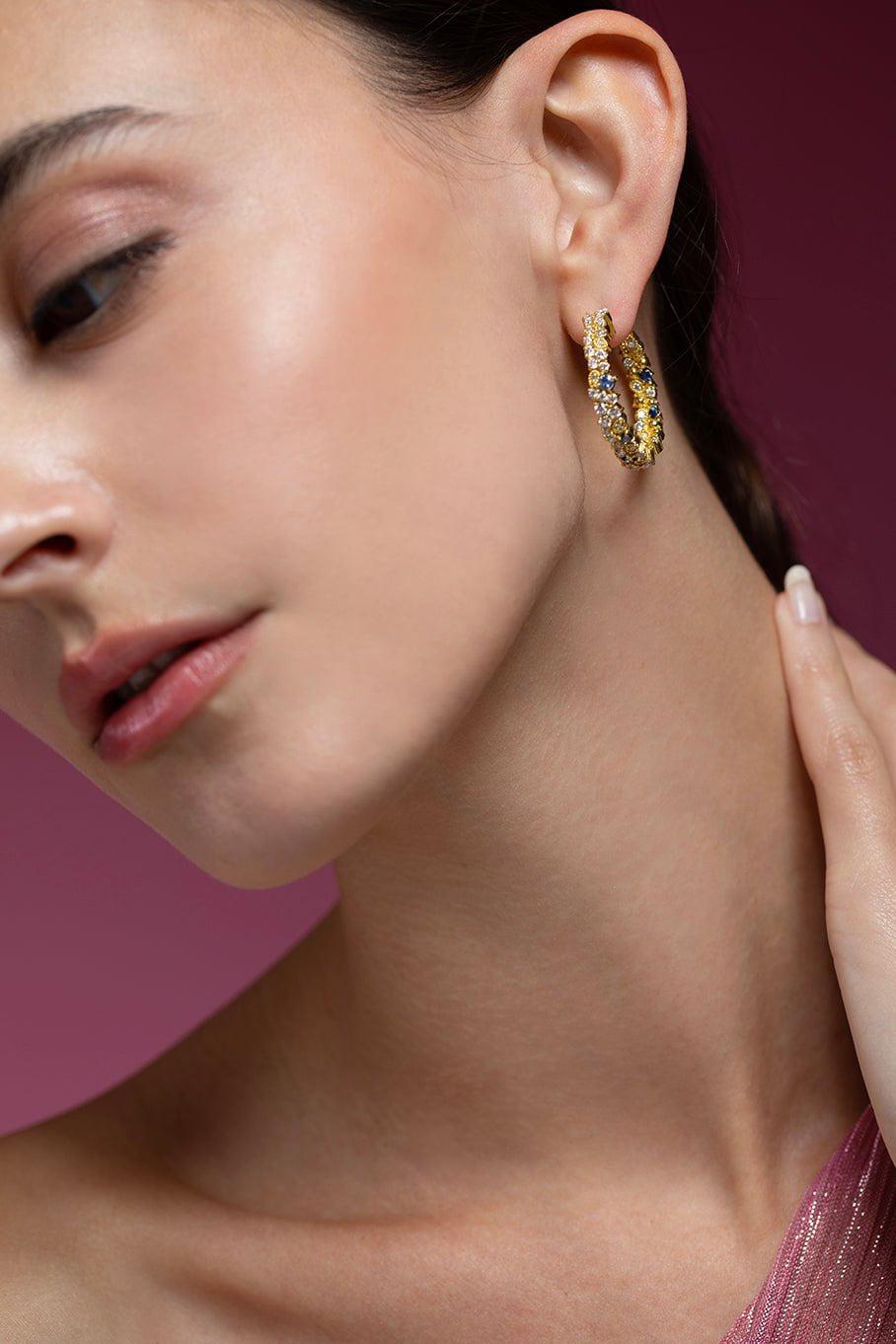 TANYA FARAH-Sunburst Diamond & Sapphire Hoop Earrings-YELLOW GOLD