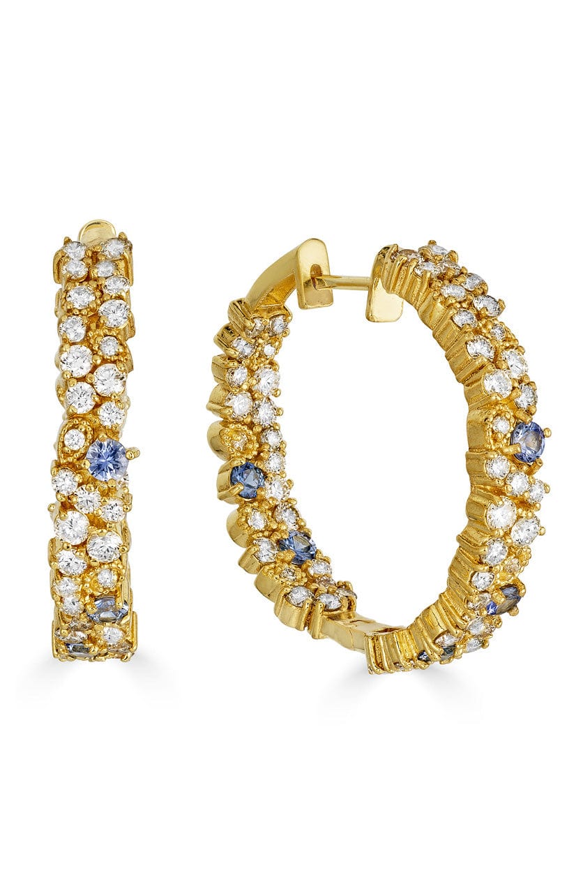TANYA FARAH-Sunburst Diamond & Sapphire Hoop Earrings-YELLOW GOLD