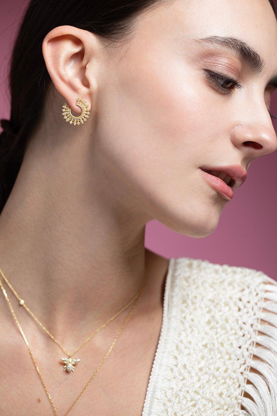 TANYA FARAH-Sunburst Diamond Small Bypass Hoop Earrings-YELLOW GOLD