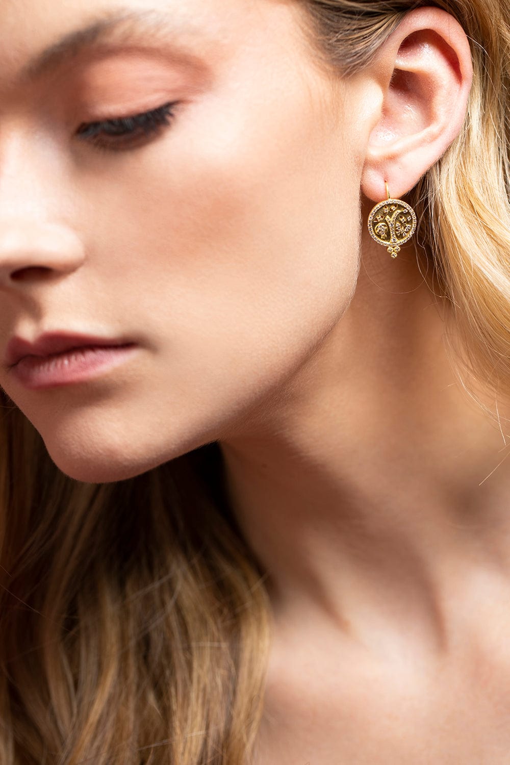 TANYA FARAH-Tree of Life Cutout Diamond Earrings-YELLOW GOLD