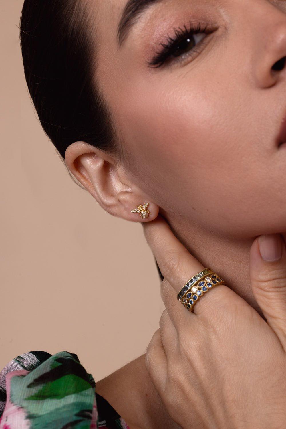 TANYA FARAH-Tree of Life Diamond Bee Stud Earrings-YELLOW GOLD