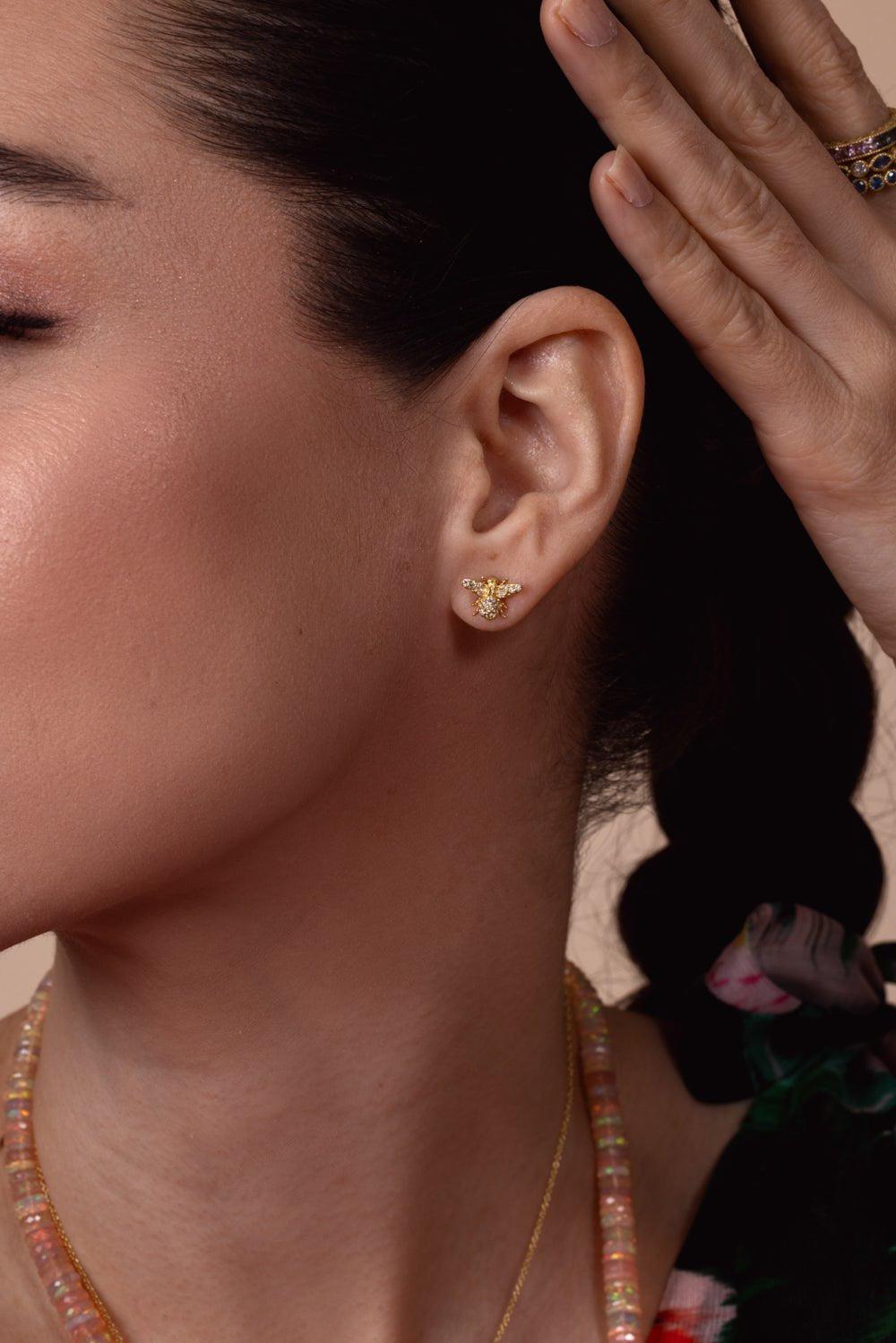 TANYA FARAH-Tree of Life Diamond Bee Stud Earrings-YELLOW GOLD