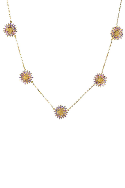 TANYA FARAH-5 Station Pink Sapphire Daisy Necklace-YELLOW GOLD