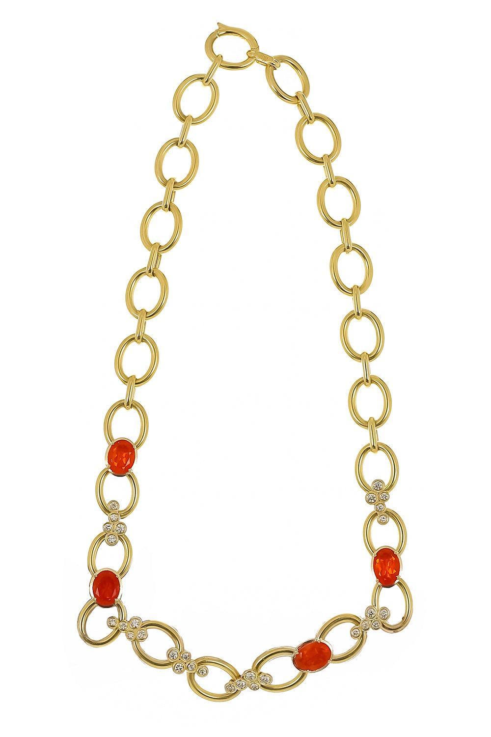 Fire Opal Diamond Cluster Link Necklace-YELLOW GOLD-17-JEWELRYFINE JEWELNECKLACE O-TANYA FARAH