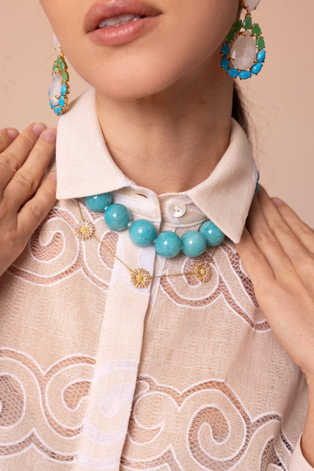 TANYA FARAH-Modern Etruscan Amazonite Beaded Necklace-YELLOW GOLD