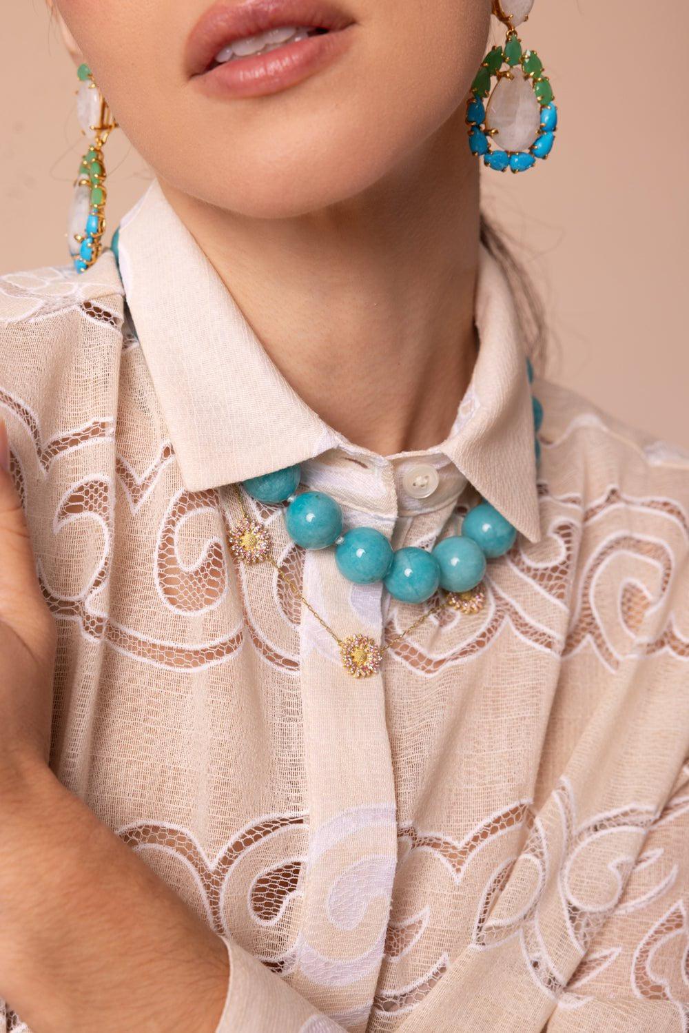 TANYA FARAH-Modern Etruscan Amazonite Beaded Necklace-YELLOW GOLD