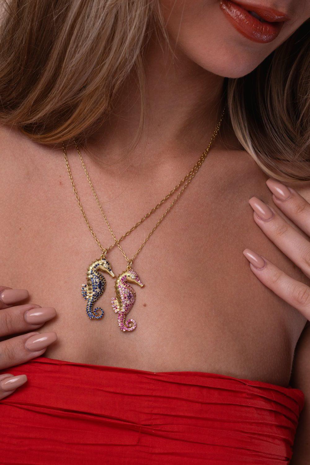 Pink Sapphire Seahorse Pendant Necklace-YELLOW GOLD-18-JEWELRYFINE JEWELNECKLACE O-TANYA FARAH