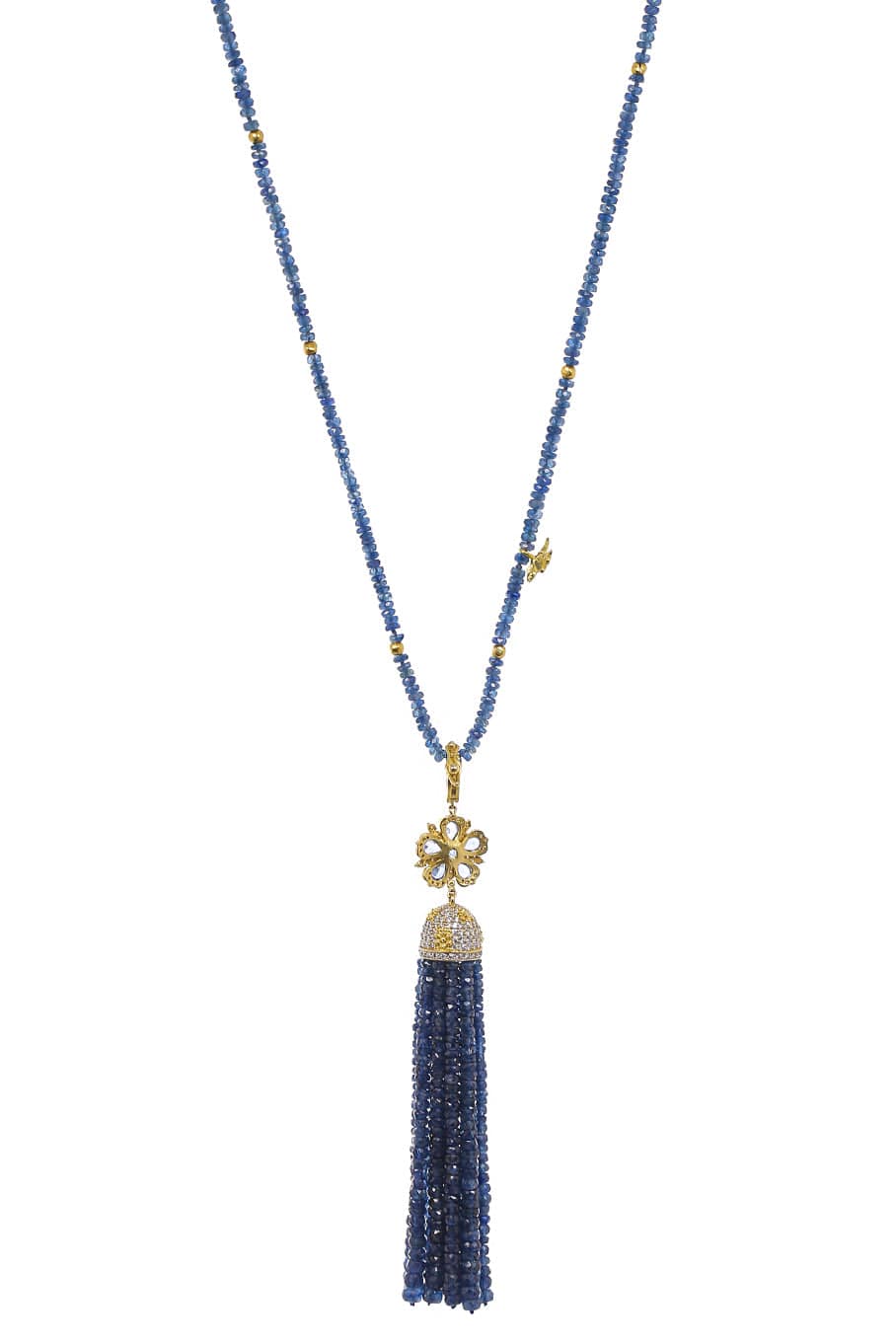 TANYA FARAH-Blue Sapphire Tassel Beaded Necklace-YELLOW GOLD