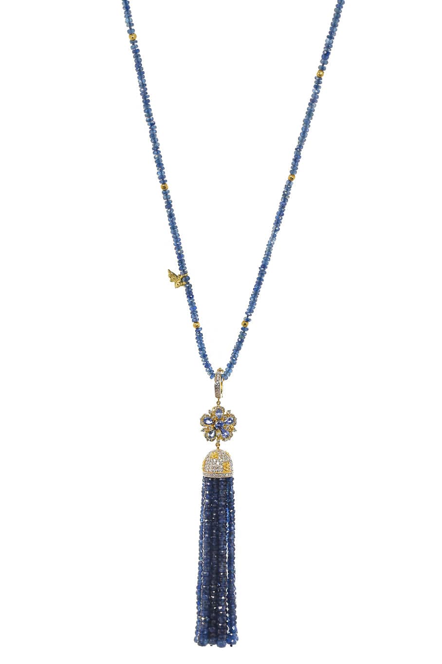 TANYA FARAH-Blue Sapphire Tassel Beaded Necklace-YELLOW GOLD