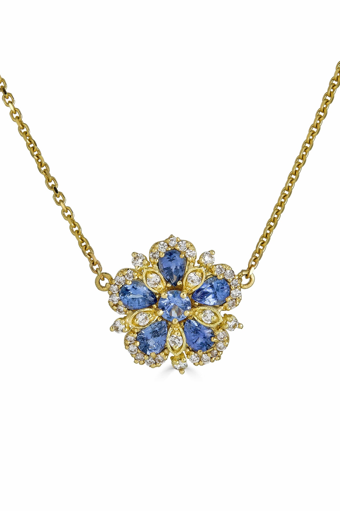 TANYA FARAH-Ceylon Sapphire and Diamond Flower Necklace-YELLOW GOLD