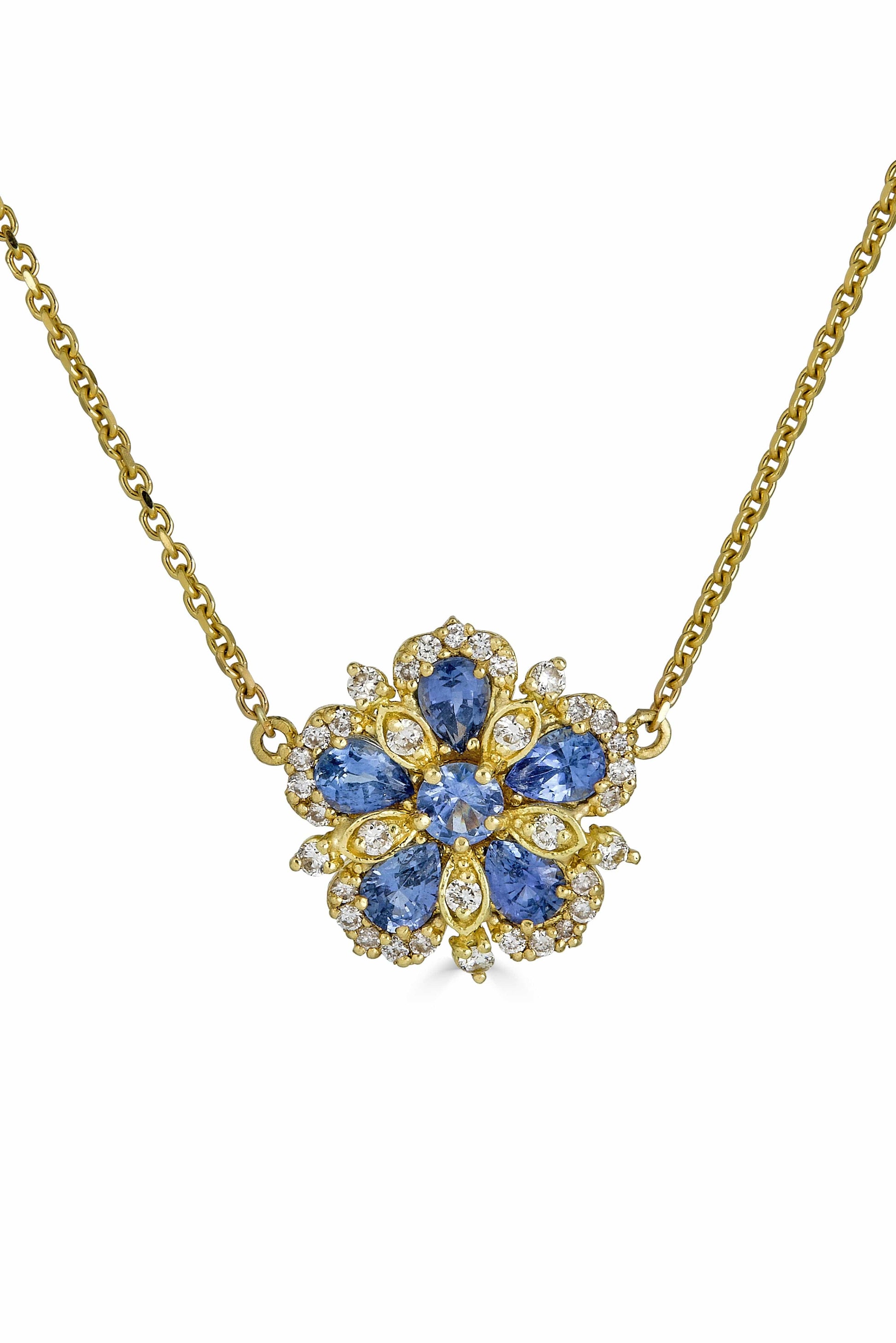 TANYA FARAH-Ceylon Sapphire and Diamond Flower Necklace-YELLOW GOLD