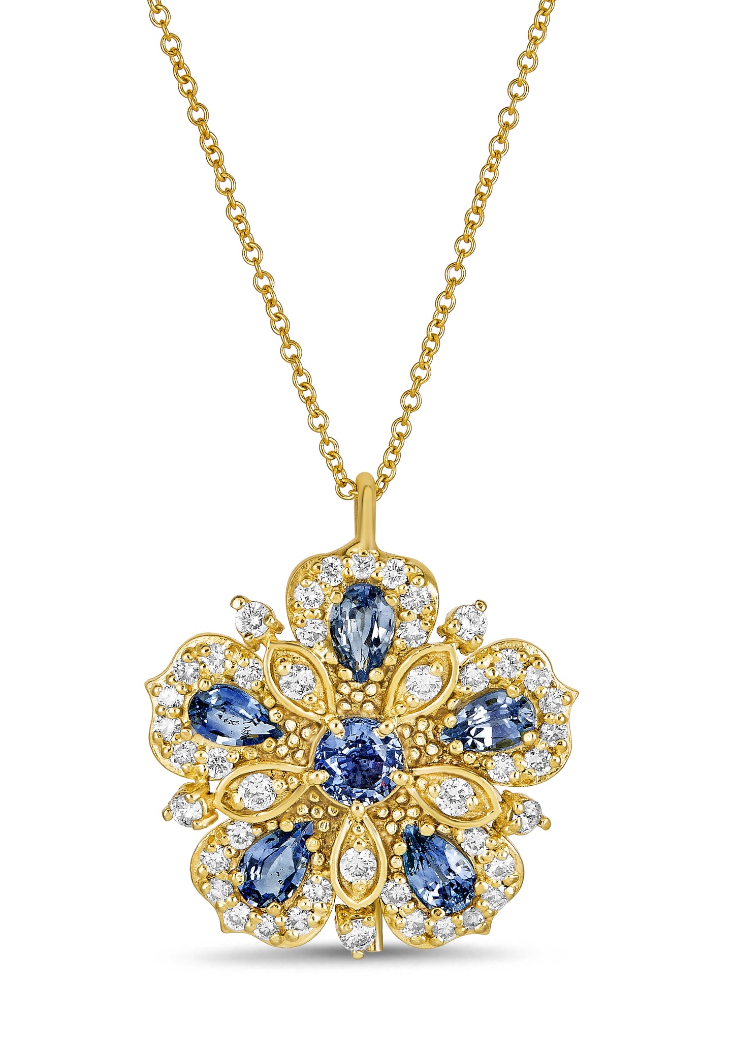 Ceylon Sapphire Diamond Jasmine Bloom Pendant-YELLOW GOLD-JEWELRYFINE JEWELNECKLACE O-TANYA FARAH