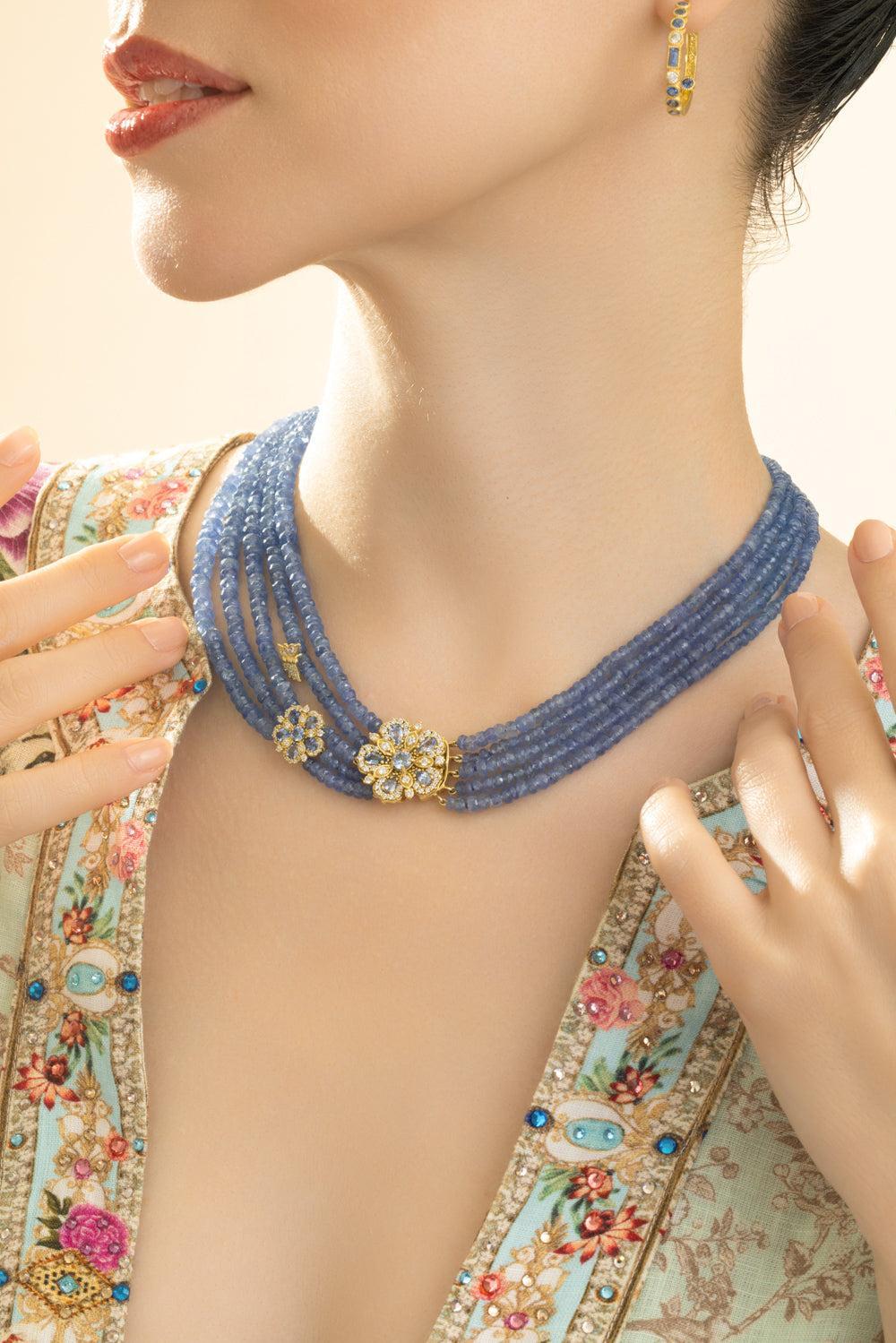 Ceylon Sapphire Jasmine Bloom Beaded Necklace-YELLOW GOLD-JEWELRYFINE JEWELNECKLACE O-TANYA FARAH