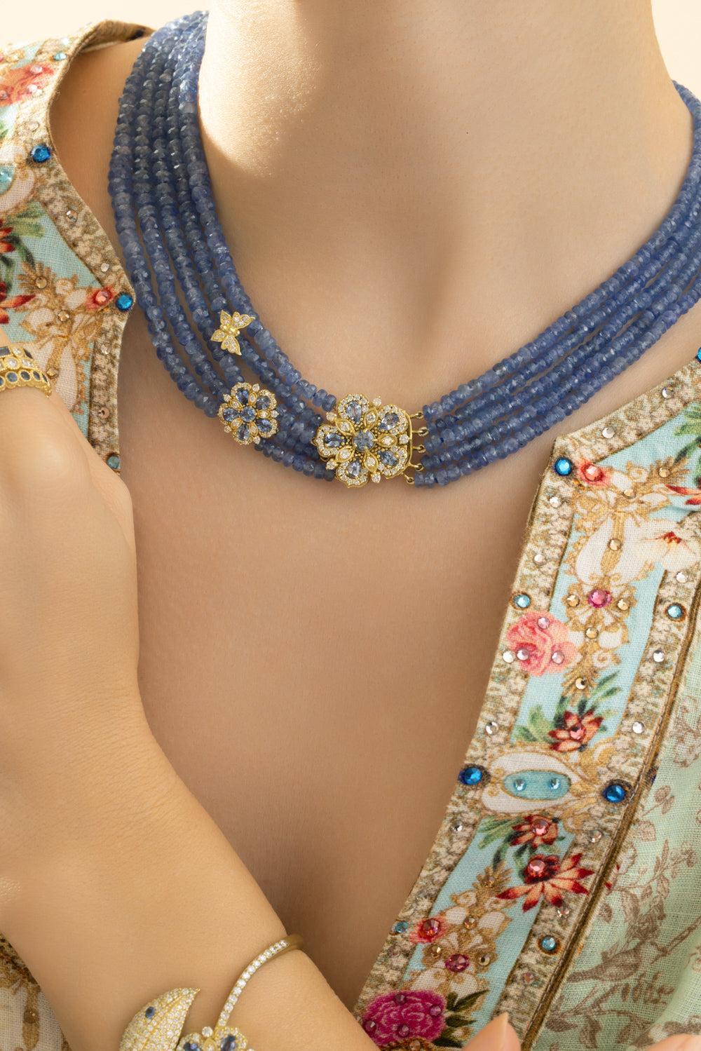 Ceylon Sapphire Jasmine Bloom Beaded Necklace-YELLOW GOLD-JEWELRYFINE JEWELNECKLACE O-TANYA FARAH