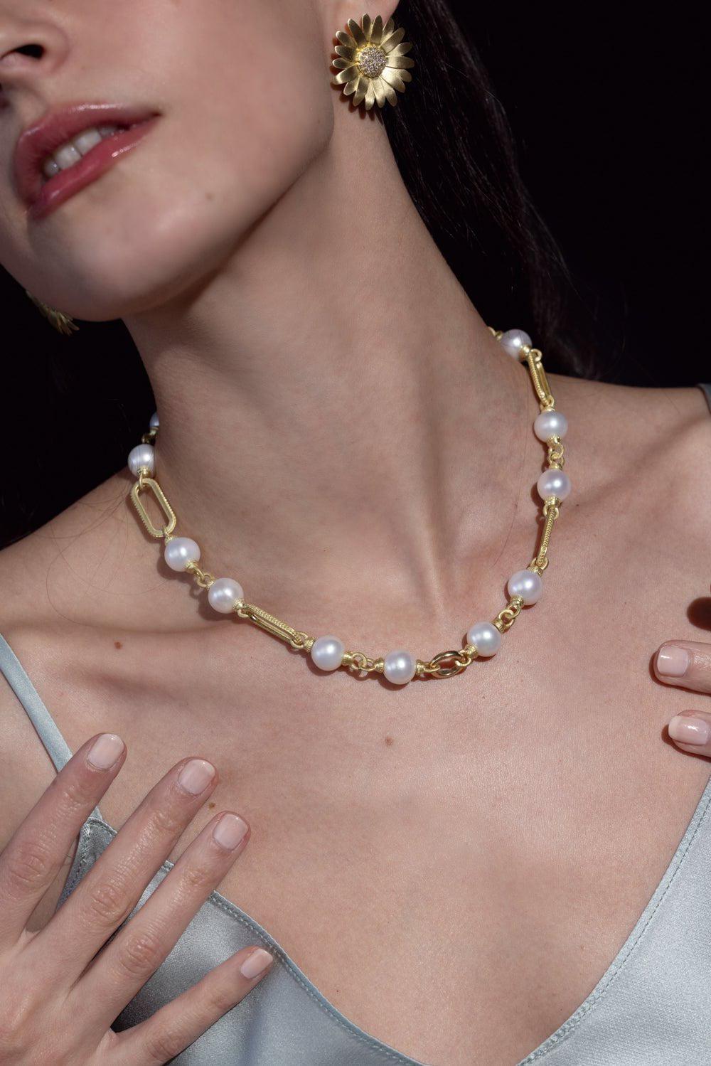 TANYA FARAH-Charm Catcher Pearl Necklace-YELLOW GOLD