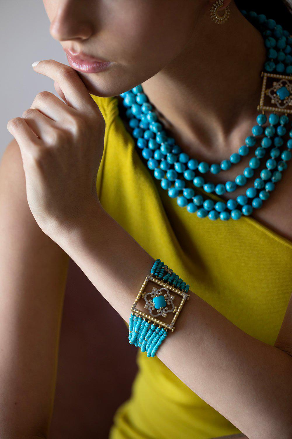 TANYA FARAH-Imperial Square Turquoise Beaded Necklace-YELLOW GOLD