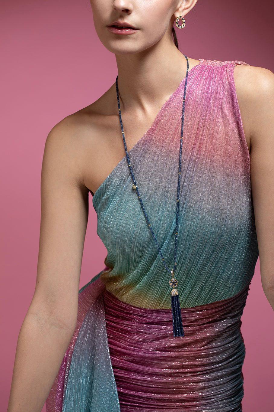 TANYA FARAH-Jasmine Bloom Ceylon Sapphire & Diamond Flower Tassel Necklace-YELLOW GOLD