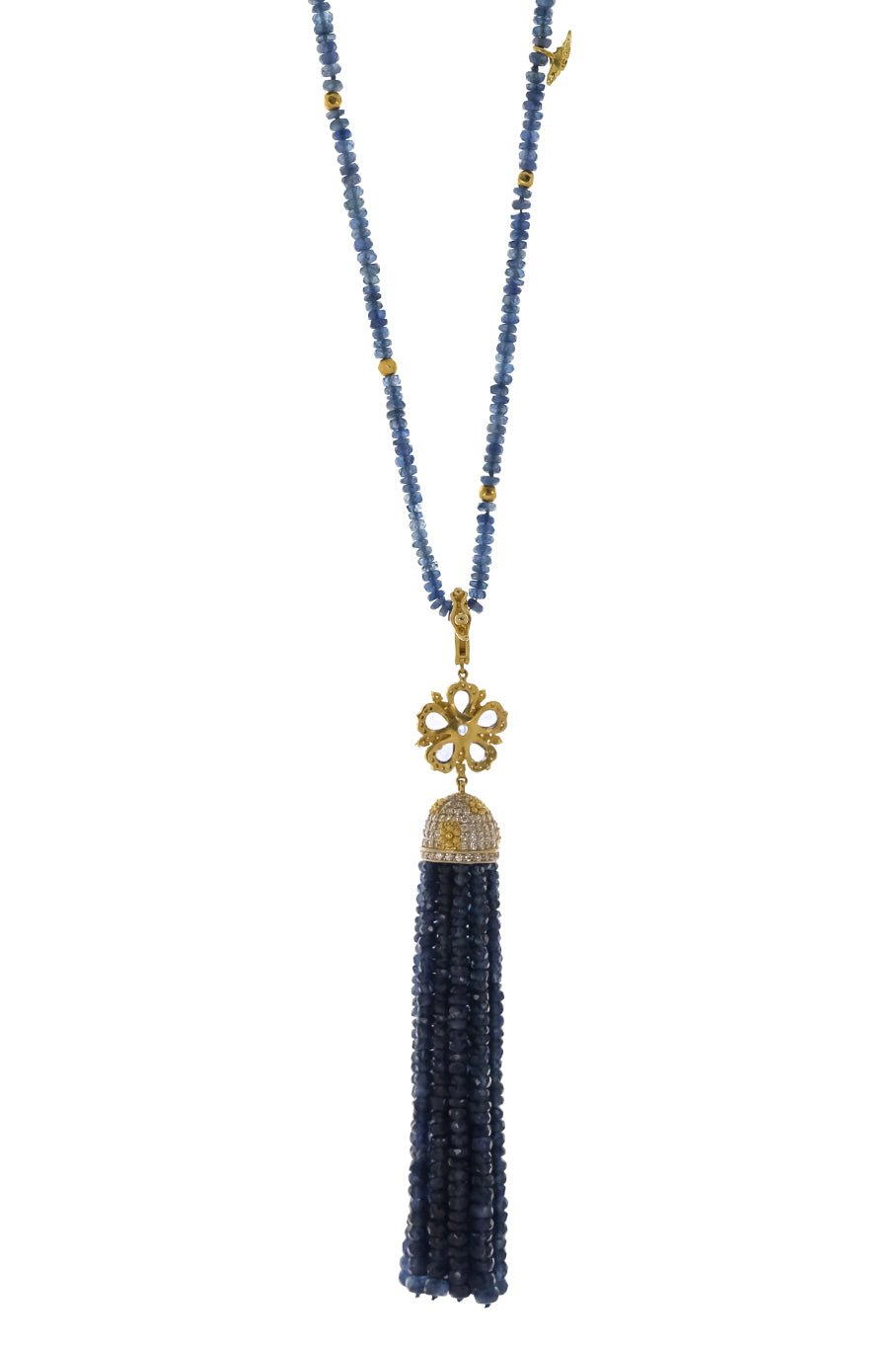 TANYA FARAH-Jasmine Bloom Ceylon Sapphire & Diamond Flower Tassel Necklace-YELLOW GOLD