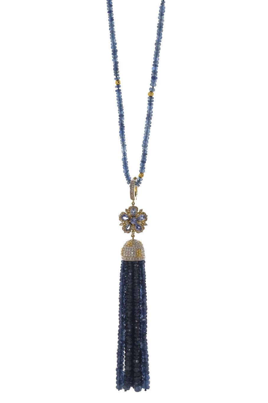 TANYA FARAH-Jasmine Bloom Ceylon Sapphire & Diamond Flower Tassel Necklace-YELLOW GOLD