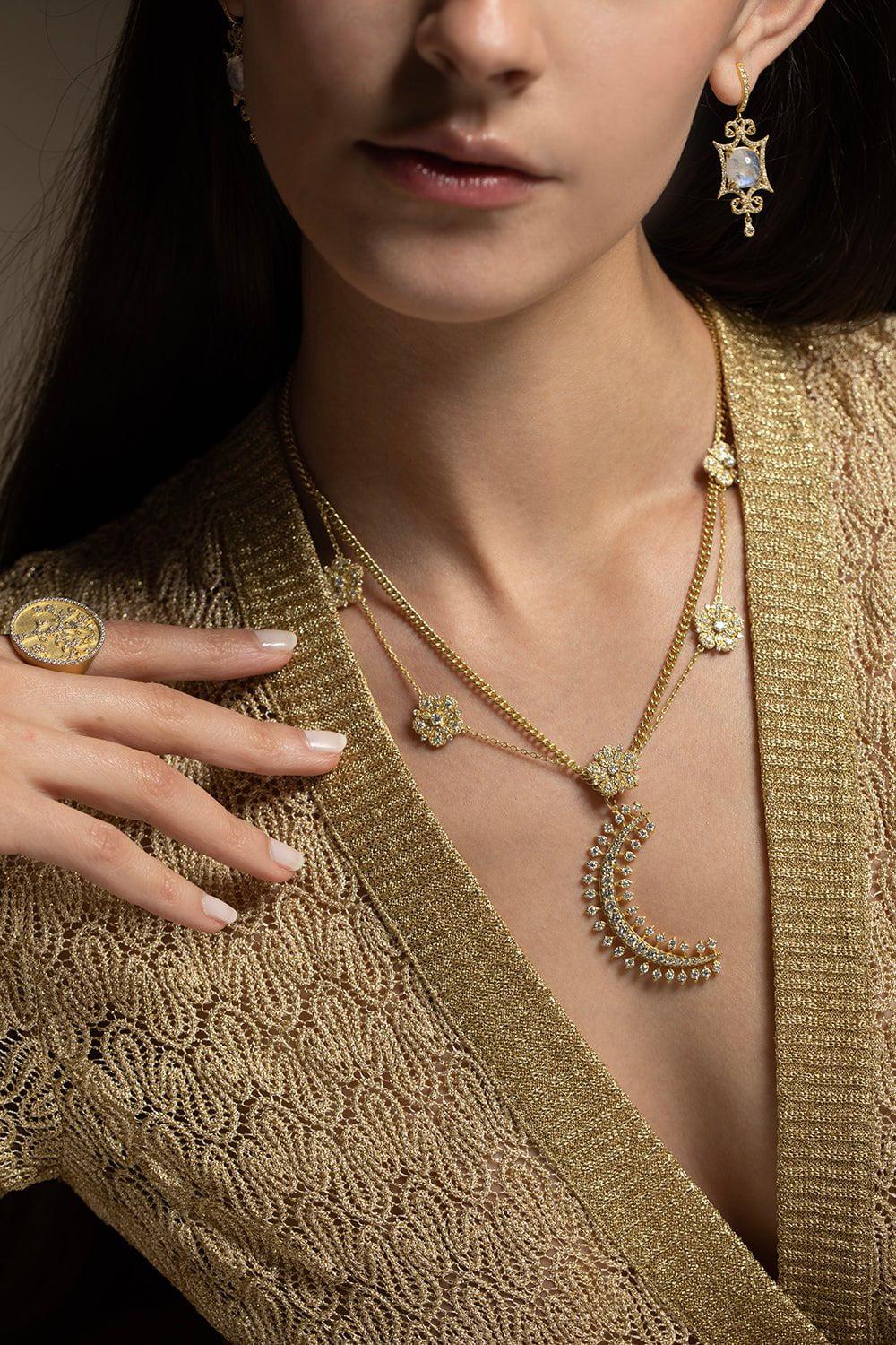 TANYA FARAH-Jasmine Bloom Diamond 5 Station Flower Necklace-YELLOW GOLD
