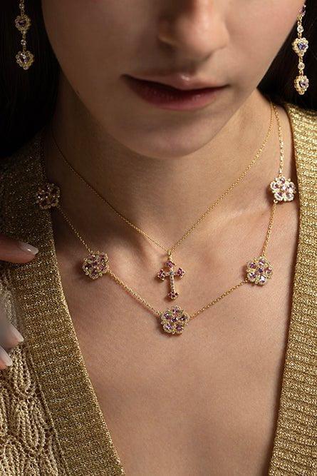 TANYA FARAH-Jasmine Bloom Pink Sapphire & Diamond 5 Station Flower Necklace-YELLOW GOLD