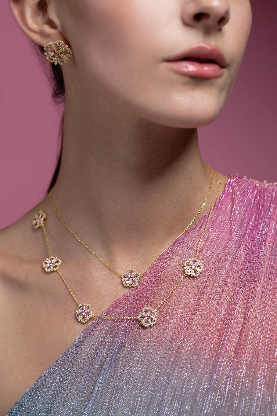 TANYA FARAH-Jasmine Bloom Pink Sapphire & Diamond 5 Station Flower Necklace-YELLOW GOLD