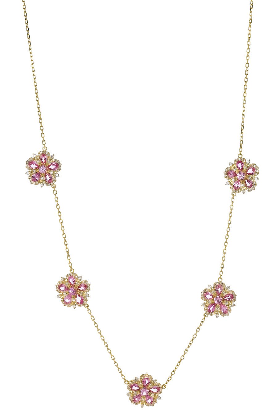 TANYA FARAH-Jasmine Bloom Pink Sapphire & Diamond 5 Station Flower Necklace-YELLOW GOLD