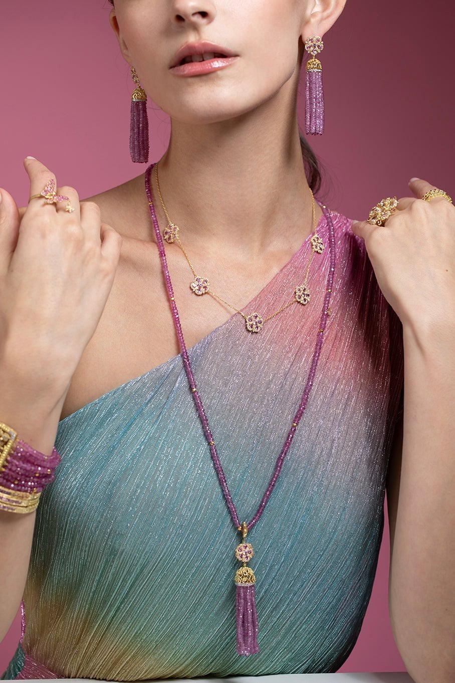 TANYA FARAH-Jasmine Bloom Pink Sapphire & Diamond Tassel Necklace-YELLOW GOLD