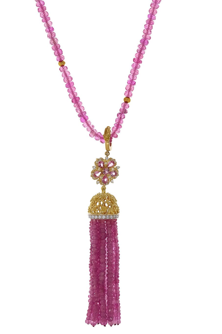 TANYA FARAH-Jasmine Bloom Pink Sapphire & Diamond Tassel Necklace-YELLOW GOLD