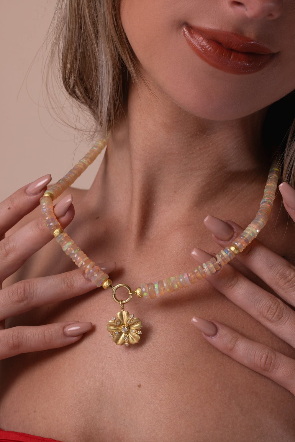 TANYA FARAH-Jasmine Bloom Tala Opal Beaded Flower Pendant-YELLOW GOLD