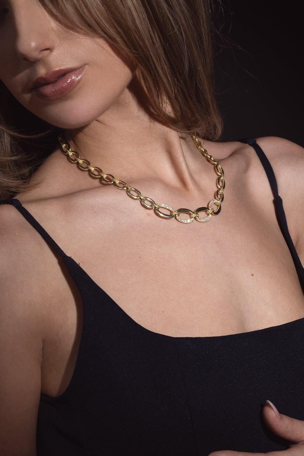 TANYA FARAH-Modern Etruscan Diamond Oval Link Necklace-YELLOW GOLD